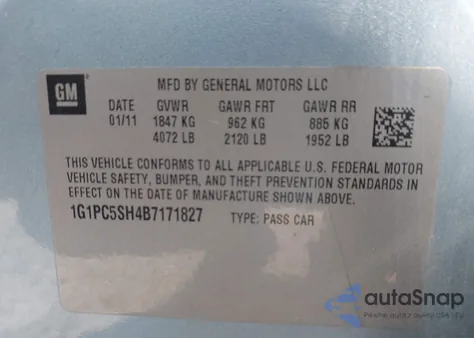2011 Chevrolet Cruze Ls z USA, uszkodzony, nr VIN 1G1PC5SH4B7171827